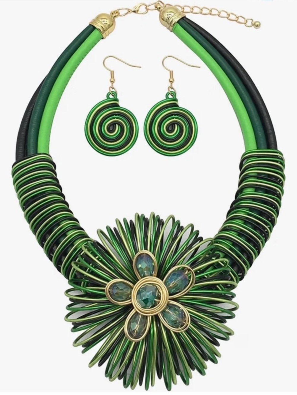NEW Green & Black Statement Necklace Set